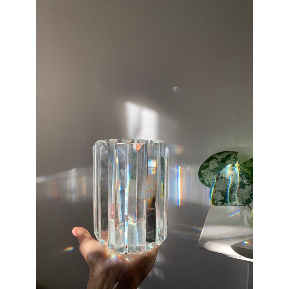 Vintage Faceted Lead Crystal candle holder Clear Geometric Art Deco Prism 6.25